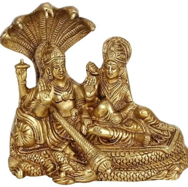 Brass Lakshmi Vishnu Idol God Goddess Statues Religious Deity Laxmi Vishnu Resting On Sheshnaag 4 Inches